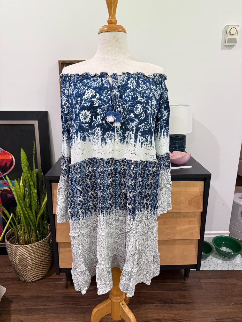 Off-Shoulder Blue & White Midi Dress with Tassel Tie